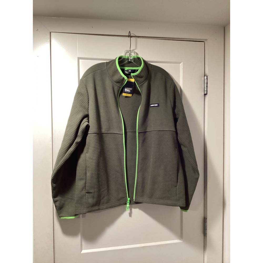 Lands End Mens Full Zip Grid Fleece Jacket Olive Green Lime Trim Medium NWT
